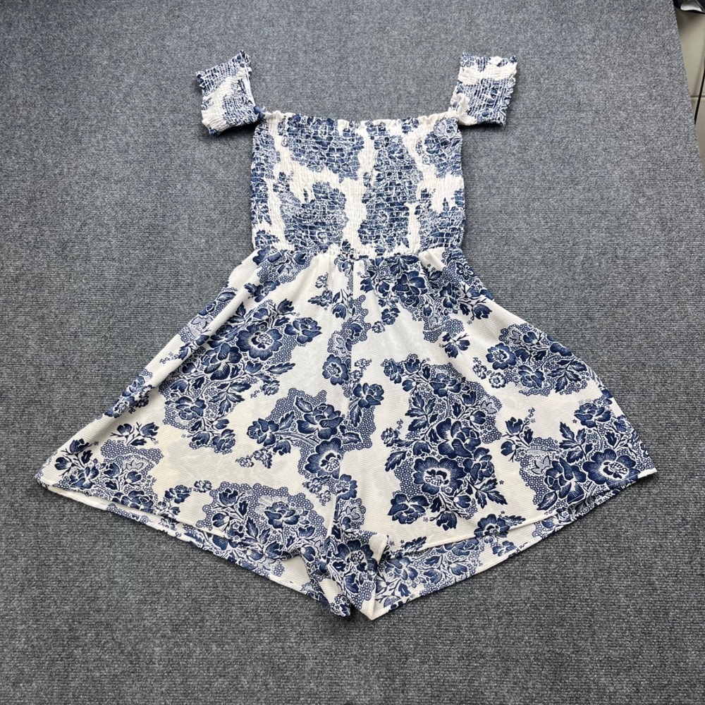 Coverstitch Floral Smocked Boho Off Shoulder Blue White Romper